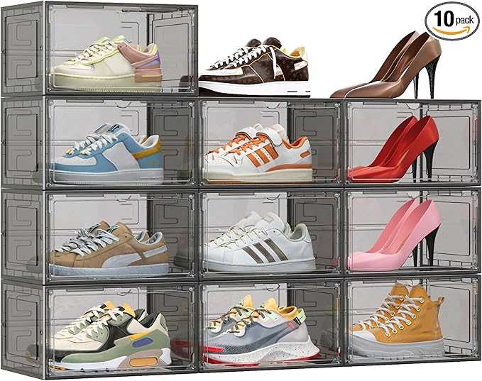 10 Pack XX Large Shoe Organizer, Heavy-Duty Hard Thicken Plastic Clear Stackable Shoe Storage Box Organizer for Closet, Space-Saving Shoe Rack Display Case Bin Containers for Sneakers, Grey