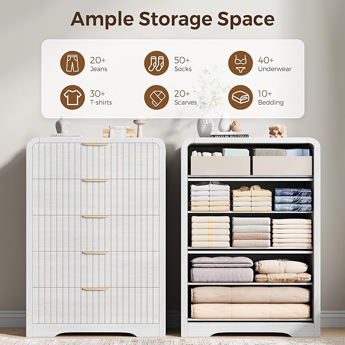 Fluted 5 Drawer Dresser for Bedroom, 43" Tall Dressers & Chests of Drawers Curved Profile Design, Wood Mid Century Vertical Dresser Natural Texture for Bedroom, White Dresser