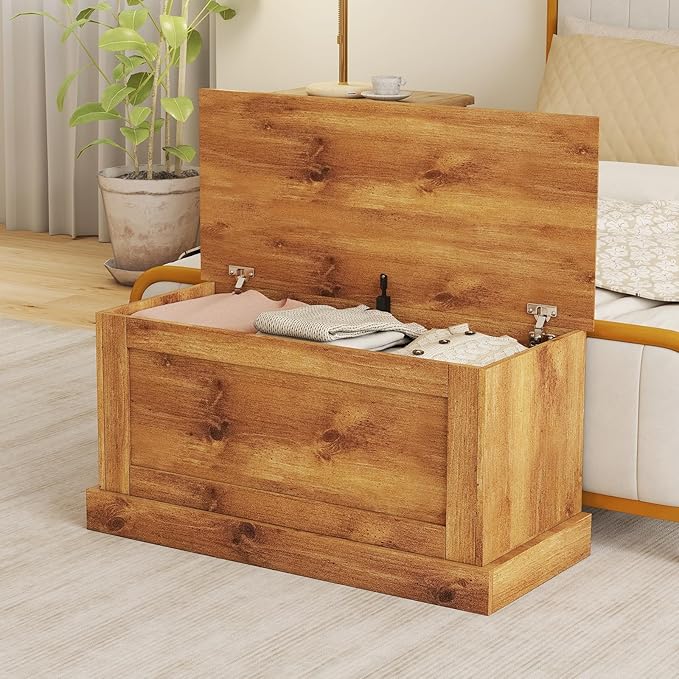 LOKO 35.5” Storage Chest, Lift Top Storage Box with Metal Hinges, Wooden Storage Bench with Safety Hydraulic Strut, Large Farmhouse Storage Trunk for Living Room, Bedroom, Entryway(Oak)