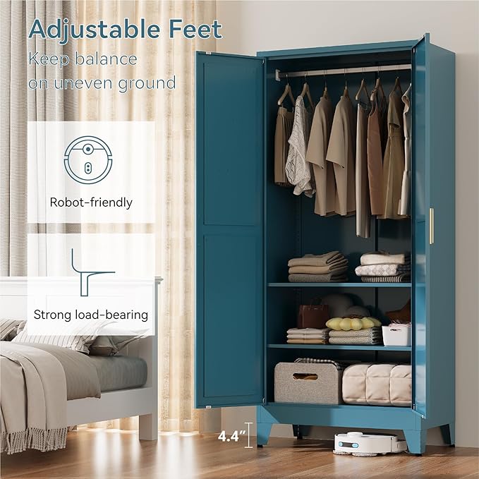 71" Tall Metal Armoire Wardrobe Closet with Removable Hanging Rod and Adjustable Shelves,Blue