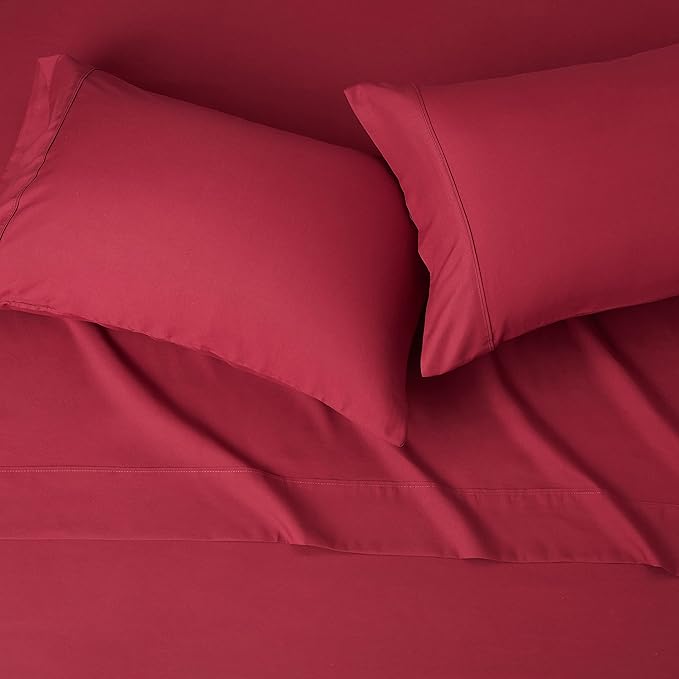 Amazon Basics Lightweight Super Soft Easy Care Microfiber 4-Piece Bed Sheet Set with 14-Inch Deep Pockets, King, Burgundy, Solid