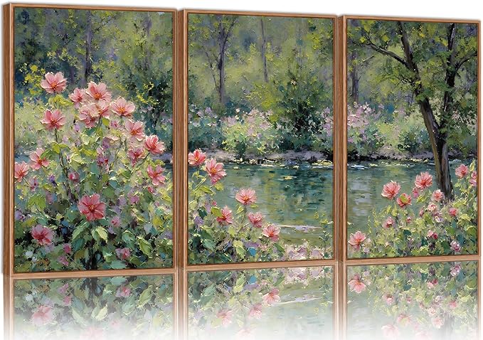 Yeehomedec Monet Anthropologie Framed Canvas Wall Art Set, Impressionist Floral Garden Wall Decor, Vintage Flowers Pond Trees Artwork, Nature Landscape Art Paintings for Living Room Bedroom Bathroom 16"x24"x3