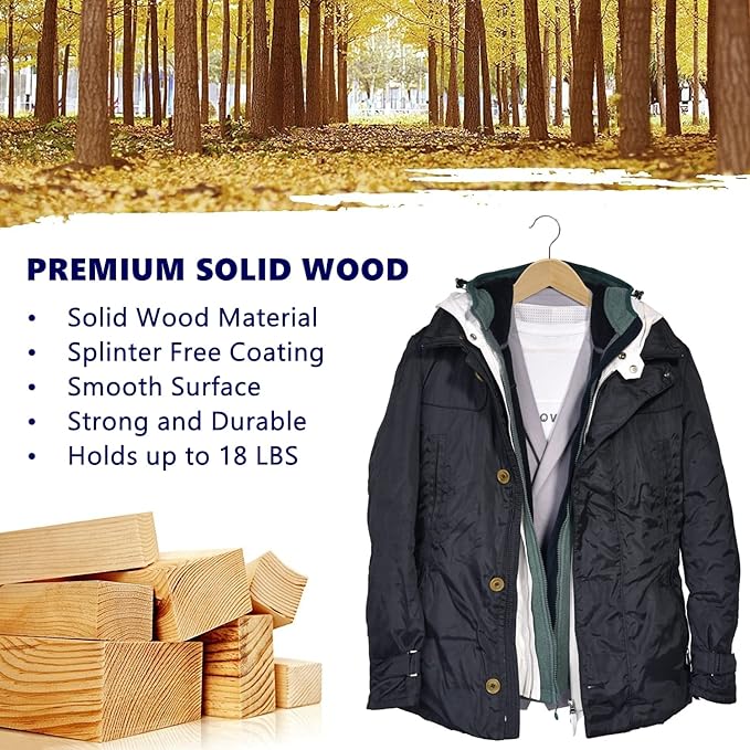 Amber Home 30 Pack Wooden Coat Hangers, Natural Wood Suit Hangers with Non Slip Pant Bar, Clothes Hangers for Shirts, Jackets, Dress, Pant (Natural, 30)