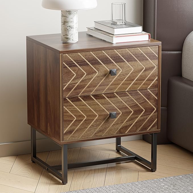 Modern Nightstand Set of 2,Morden Night Stand with 2 Drawers,End Tables with Storage,Bedside Tables for Bedroom,Walnut
