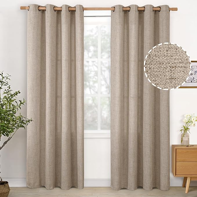 YoungsTex Oatmeal Semi Sheer Linen Curtains 80 Inch Length for Living Room, Burlap Light Filtering Window Treatments with Bronze Grommet for Bedroom Farmhouse, 52 x 80 Inch, 2 Panels