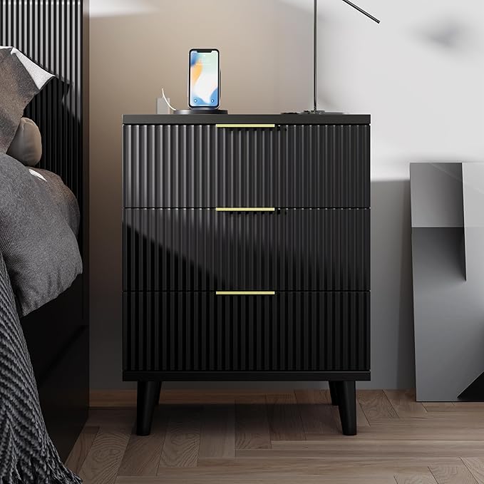 Fluted Night Stand Set of 2 with USB Charging Station, 3-Drawer Dresser Black Wood Modern Night Stand Bedside Table with Quiet Drawers & Large Storage End Table for Bedroom