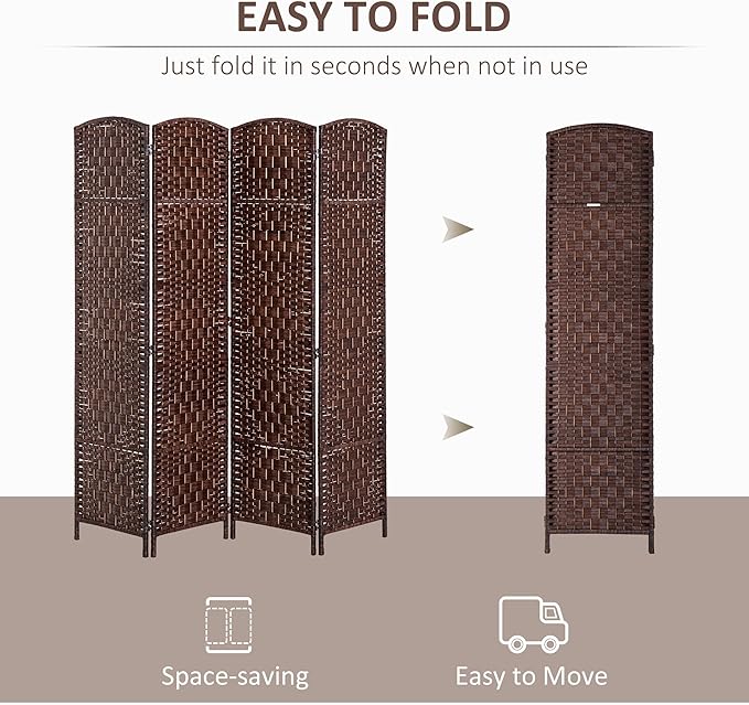 HOMCOM Room Divider, 4 Panel Folding Privacy Screen, 6FT Tall Portable Wicker Weave Partition Wall Divider for Bedroom, Home Office, Brown