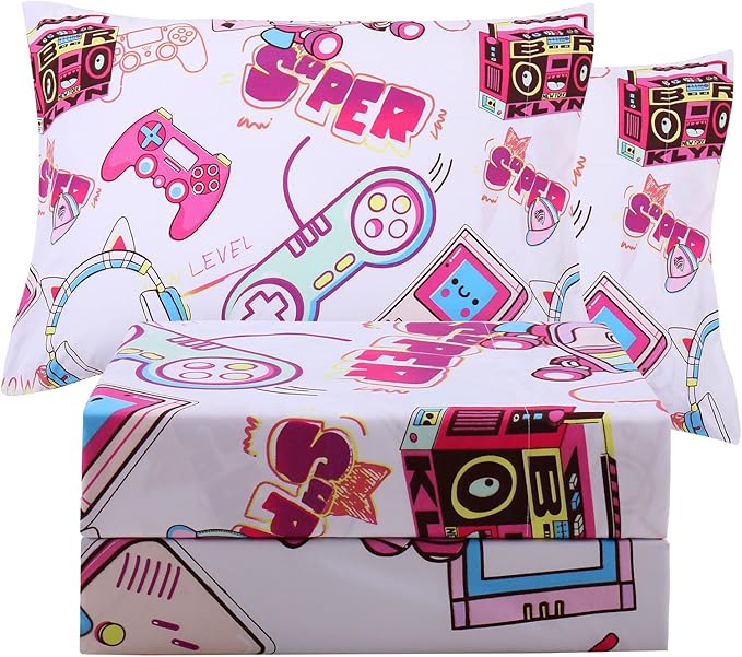 JSD Gaming Kids Sheet Set Full Size, 4 Piece Soft Girls Gamer Printed Microfiber Bed Sheets Deep Pocket