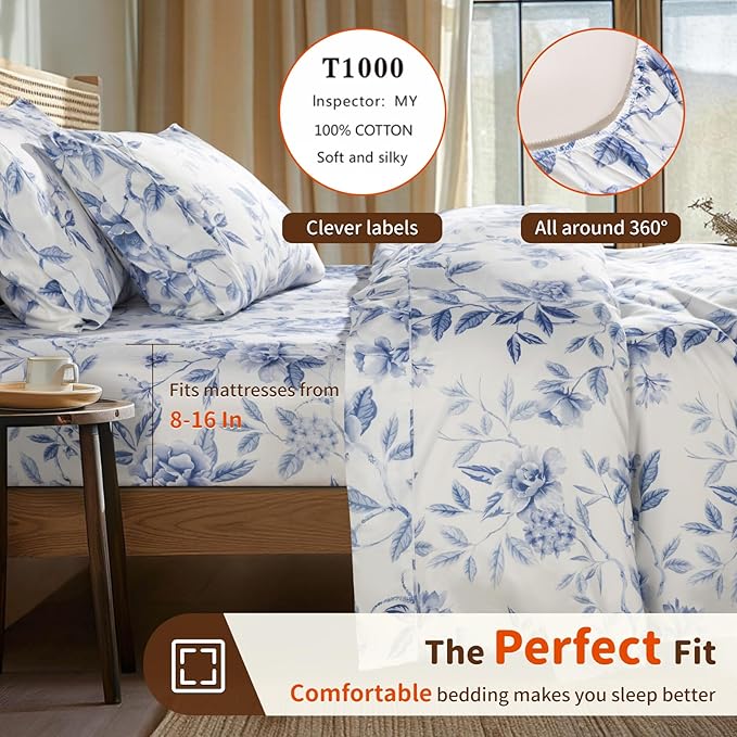 LBRO2M 1000 Thread Count Sheets 100% Egyptian Cotton Bedding Set Floral Queen Size Sheets 16 Inches Deep Pocket Bedding 4 Piece Sets (Queen, Field Flower)