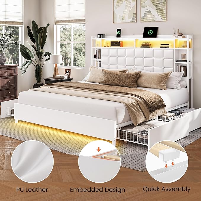LARMACE King Size Bed Frame with 4 Storage Drawers and Bookcase Headboard, Faux Leather Upholstered, Wooden Platform Bed Frame with Charging Station and LED Lights, No Box Spring Needed, White