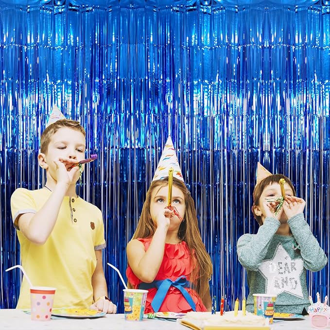 GOER 3.2 ft x 9.8 ft Metallic Tinsel Foil Fringe Curtains Party Photo Backdrop Party Streamers for Birthday,Graduation,New Year Eve Decorations Wedding Decor (1 Pack,Matte Blue,Thick Material)