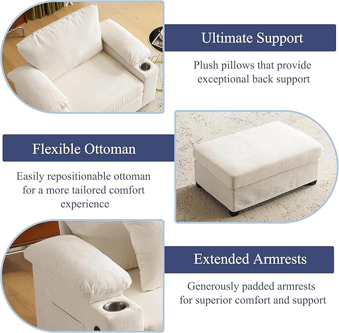 SUNWAVE 58" Chaise Lounge Chair with Ottoman, Chenille Fabric Sofa Bed, Accent Chair with Cupholders & USB Charging Ports for Living Room, Bedroom, Apartment (1 Chaise Ivory)