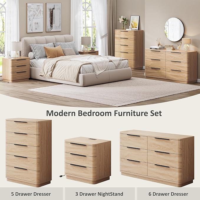 6 Drawer Dresser for Bedroom, 54" Wide Modern Chest of Drawers with Metal Handle, Curved Profile Design, Wooden Oak Dresser Closet Clothes Storage TV Stand for Living Room, Hallway