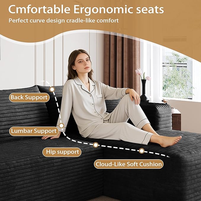 96" Sectional Couches for Living Room Modern Modular Sofa with L-Shape Couchs Upholstered Boneless Couch Deep Seat Sectional Couch with Chaise (Black, 96" Right Facing Chaise+2Seaters)