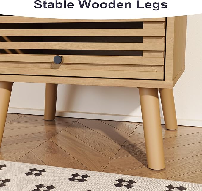 Nightstand, Side Table, End Table, Mid Century Modern Nightstand with Hollowed Drawers, Bedside Tables, Small Nightstands with Storage for Bedroom, Oak