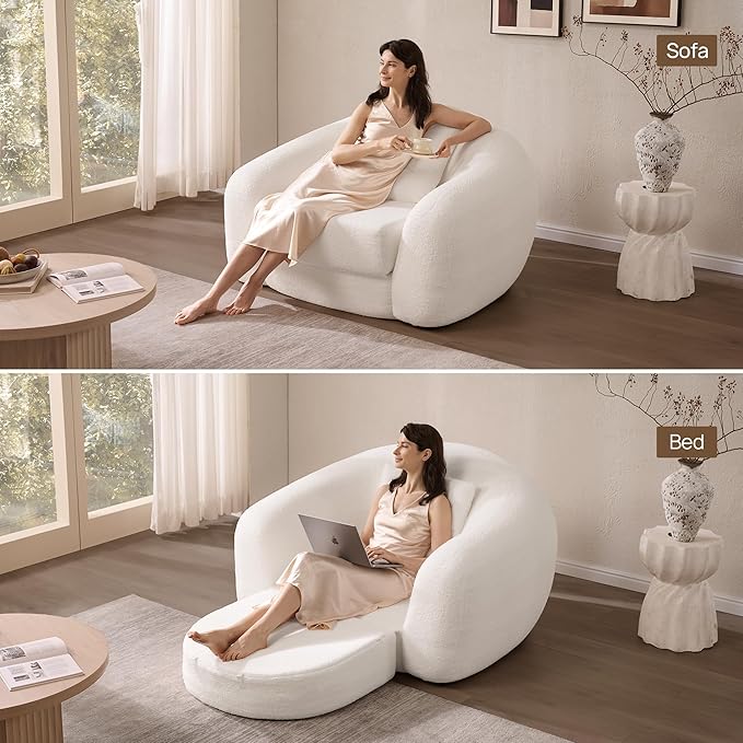 SICOTAS 49.9" Curved Convertible Sofa Couch Bed for Living Room Futon Cloud Boneless Sleeper Chair Pull Out Floor Couch with Deep Seat Single Sofa Foam Lounger No Assembly for Bedroom Apartment, White