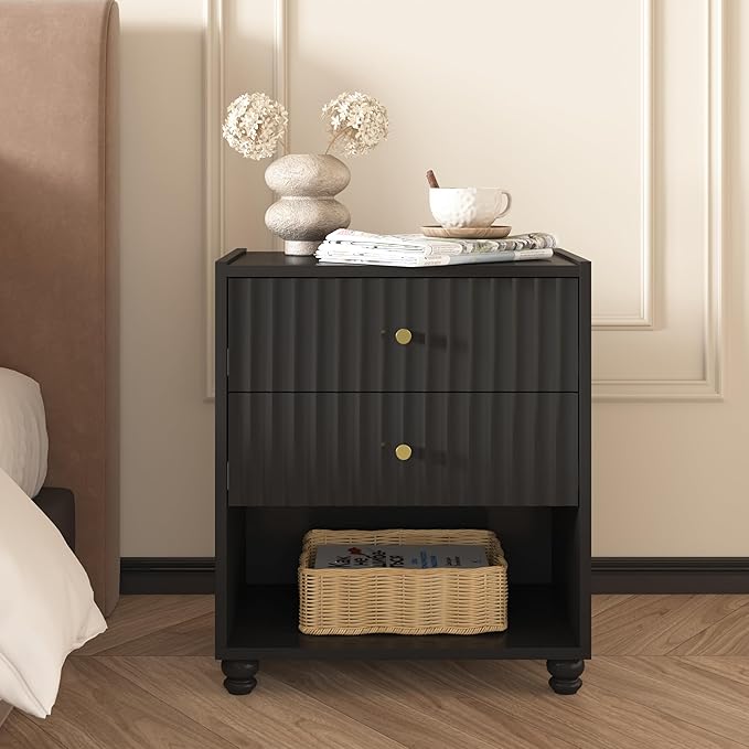 Modern Nightstand, Fluted End Table with 2 Drawers, Nightstand with Open Shelf for Bedroom (2, Black)