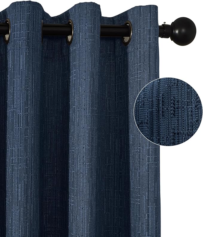 Jacquard Linen Curtains 84 inch Length 2 Panels Thick Faux Linen Blended Window Drapes Burlap Textured Curtains with Grommet for Living Room Bedroom Farmhouse (52x84 Navy) Natural