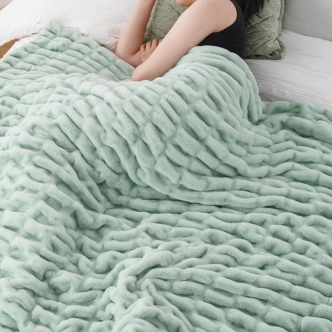 BATTILO HOME Faux Fur Throw Blanket for Couch, Super Soft Cozy Blanket, Double Side Ruched Rabbit Fur Blanket for Bed, Living Room, 60"x80", Sage Green