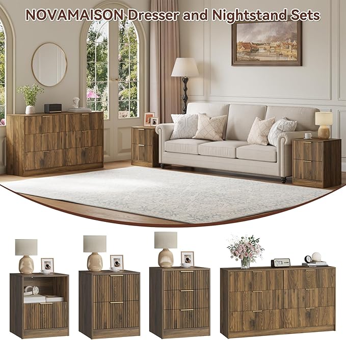 6 Drawer Dresser & Nightstand Set 3-Piece, 55” Wide Fluted Dresser and Night Stand Set of 2 with Metal Handle, Modern Wood Chest of Drawers Storage Dressers Set for Bedroom, Walnut