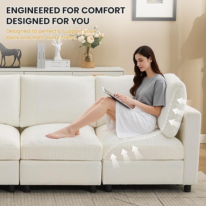 116'' 4-Seater Modular Sectional Cloud Sofa, Straight-Line Couches for Living Room, Modern Upholstered Deep Seat Sofa, Chenille Beige
