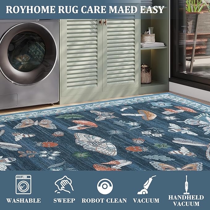 Area Rugs 4x6 Non-Slip Washable Carpet - Mushroom Soft Low-Pile Stain Resistant Foldable Rug for Nursery Kitchen Bedroom Living Room Entryway Indoor Mat with Rubber Back Blue