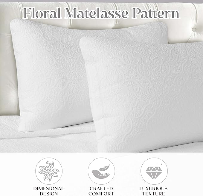 Superior 3 Piece Bedspread Set, Home Bed Decor, Decorative Bed Spread, 2 Pillow Shams, Medium Weight Blanket, Floral Matelasse Coverlet, Bedding Essentials, Enzy Collection, Full, White