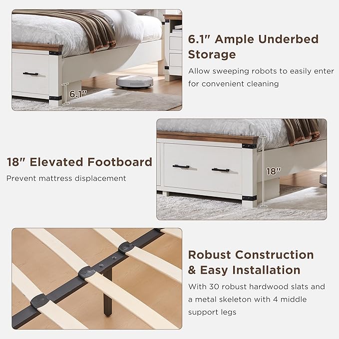 T4TREAM Farmhouse King Size Bed Frame with 54" Tall Geometric Headboard & 2 Large Storage Drawers, Rustic Wood Platform Bed with Wood Slats Support, No Box Spring Needed, Antique White