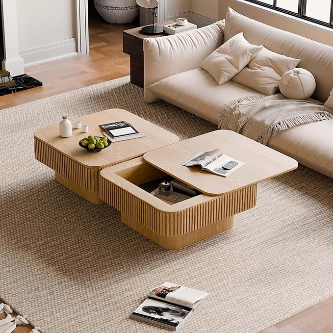 Square Small Coffee Table with Storage, Modern Wooden Coffee Table with Solid Wood Veneered, Fluted Center Table Drum Tea Table for Living Room Apartment, 31.5''L×31.5''W×14''H