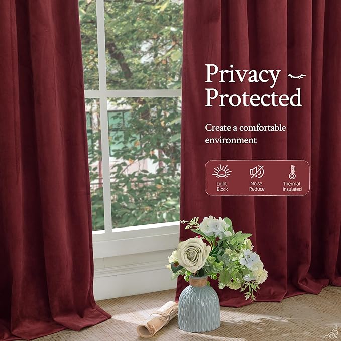 LAMIT Burgundy Red Velvet Curtains 120 Inch for Living Room, Vintage Thermal Blackout Panels Room Darkening Back Tab and Rod Pocket Christmas Decor Drapes for Bedroom/Theater, 2 Panels, 52 x 120 Inch