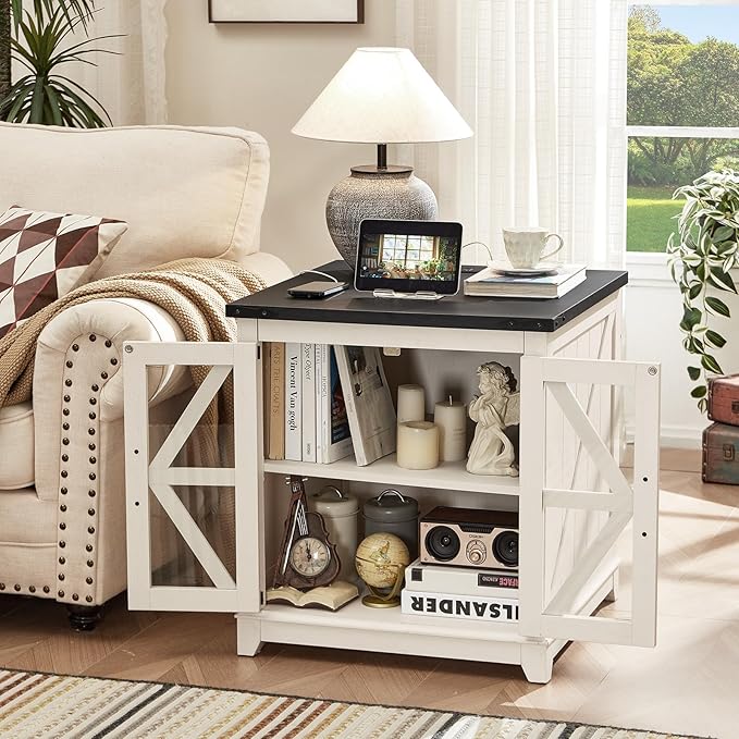 Farmhouse End Table Set 2, Narrow 18'' Night Stand with Glass Barn Door, 24" Square Side Table with Charger Station, Living Room Furniture Sets, Wood Nightstand Bedside Tables for Bedroom