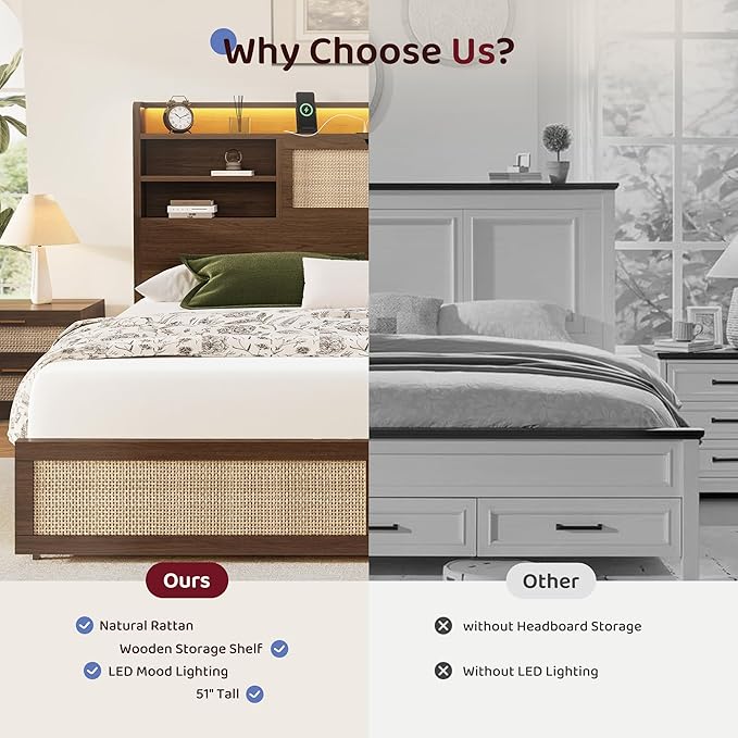 Queen Size Rattan Bed Frame with 4 Storage Drawers and Hidden Storage Headboard Wooden Platform Bed Frame with LED Lights and Charging Station, No Box Spring Needed, Easy Assembly, Brown