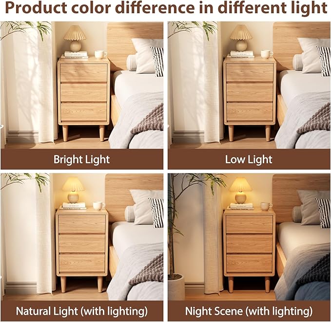 Tall Nightstand Natural Night Stand with 3 Drawers Mid Century Modern Nightstand with Storage,Solid Wood Night Stand,Small Bedside Table for Bedroom,Living Room,Office,Natural Bedside Table