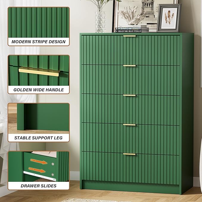 Green Dresser for Bedroom, Modern Dresser with 5 Drawers and Smooth Slides, Wide Chest of Drawers with Golden Handles for Bedroom, Living Room, Closet, 15.7" D x 31.5" W x 47.2" H