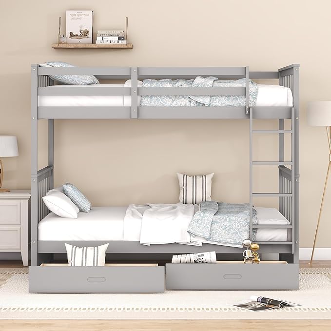 Merax Wood Bunk Bed with Drawers,Convertible Wood Bunk Bed with Ladders and Two Storage Drawers,Solid Wood Detachable Bunk Bed Frame with Ladders,Twin Over Twin Size,Grey