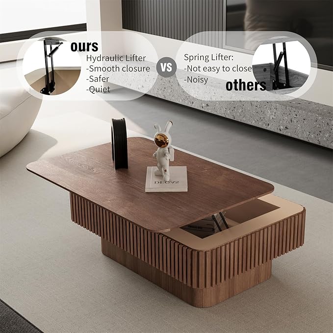 LKTART Lift Top Coffee Table for Living Room, Accent Fluted Coffee Table with Storage, Modern Solid Wood Veneered Rectangle Center Tea Table for Small Space Apartment (38.6''D×14''H-Walnut)