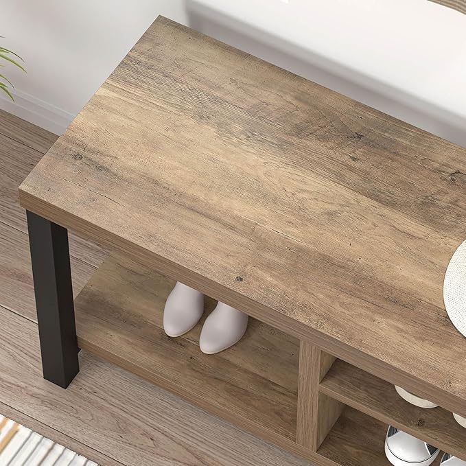 FOLUBAN Shoe Bench for Entryway, Wood and Metal Indoor Bench with Shoe Storage and Seating for Bedroom, Hallway, Living Room, Rustic Oak, 43.3 Inch