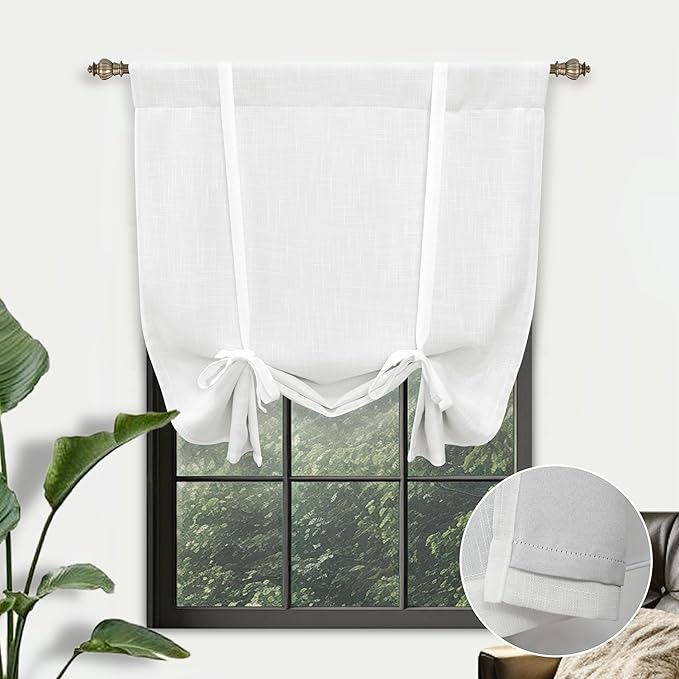 DriftAway Double Layer Linen Blackout Tie Up Curtains Thermal Insulated Fully Lined Balloon Roman Shade Bathroom Window Adjustable Rod Pocket for Small Window 25 Inch by 47 Inch White