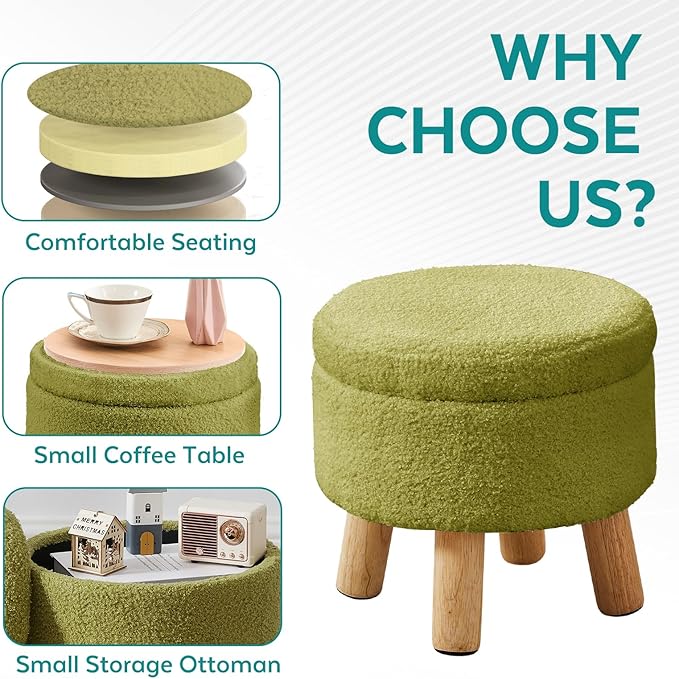 FIMIVIBI Small Foot Stool Ottoman with Storage, Sherpa Ottoman Foot Rest for Couch, Round Footstool with Storage, Small Ottomans and Footstools for Living Room and Entryway (Bright Green)