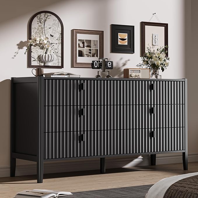 Black 6 Drawer Dresser for Bedroom, Modern Wood Dresser, Fluted Design Double Chest of Drawers with Wood Legs, TV Stand Storage Cabinet for Bedroom, Living Rooms, Offices, and Entryways