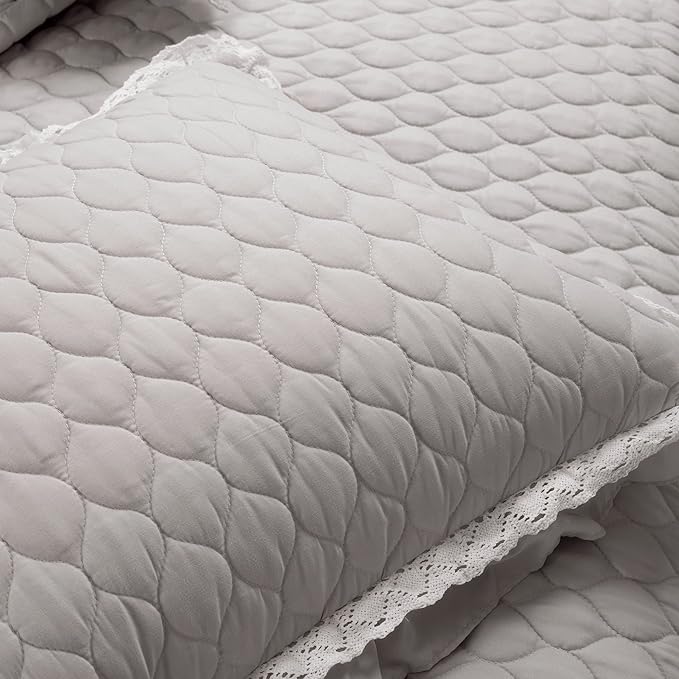 Lush Decor Ella Ruffle Lace Quilt, 3 Piece Set, King, Light Gray - Cute Quilt - King Bedding Set - Gray Bedding - Coquette Decor - Ruffle Trim - Lace Trim