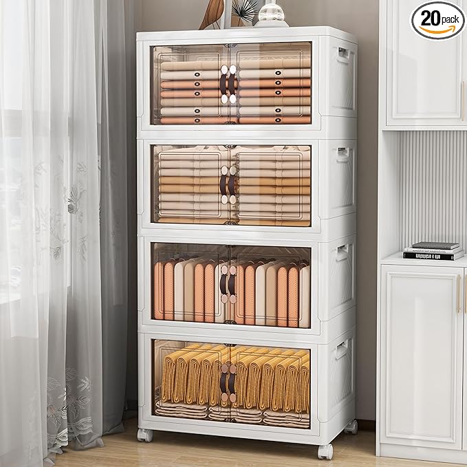 Storage Bins with Lids and Wheels, 440QT-110QT*4Tier Collapsible Bathroom Storage Cabinet with Clear Doors, Plastic Stackable Closet Organizers and Containers White