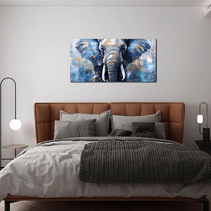ENTANUB Elephant Wall Art for Lving room, Animal Canvas Wall Decor for Bedroom, Blue Picture Print Arwork, Size 20x40 Inches