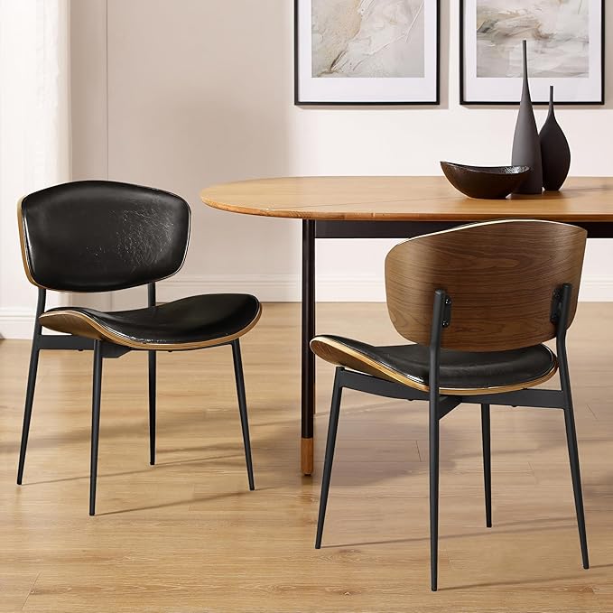 Art Leon Faux Leather Dining Chairs, Set of 2, Mid Century Modern Desk Chair No Wheels, Armless Accent Chair with Black Metal Legs, Black/Walnut