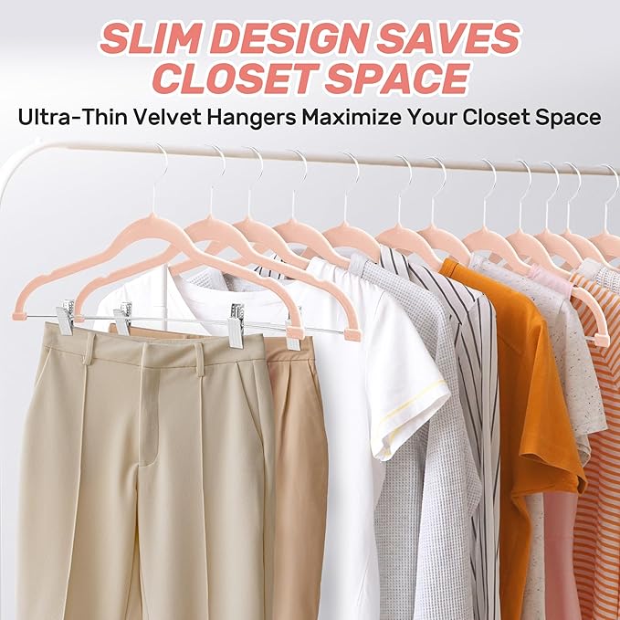 Velvet Pants Hangers 20 Pack with Adjustable Clips, Space-Saving Slim Felt Clothes Hangers, Heavy Duty & Non-Slip Flocked Hangers for Pants, Skirts, Dresses, and Jeans(Pink)