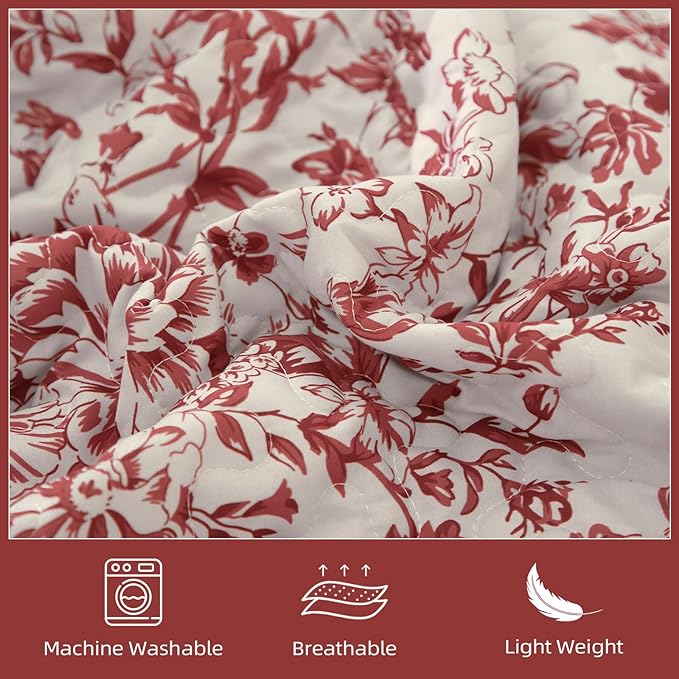 WONGS BEDDING Quilt Queen Size, Christmas Red Quilt Bedding Set with 2 Pillowcases, Botanical Quilts for Queen Bed, Soft Microfiber Lightweight Coverlet Bedspread for All Season (96"×90", 3 Pieces)
