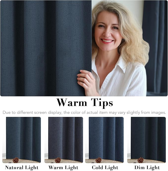 H.VERSAILTEX Linen Blackout Curtains Durable Thick Textured Linen Look 100% Blackout Patio Door Curtain Anti Rust Grommet Extra Wide Sliding Door Curtain Panel, W100 x L96 inch - Navy