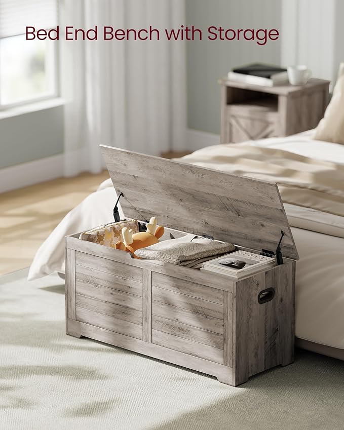 VASAGLE Storage Chest, Storage Bench with 2 Safety Hinges, Farmhouse Style, 15.7 x 39.4 x 18.1 Inches, for Entryway, Bedroom, Living Room, Heather Greige ULSB061K02