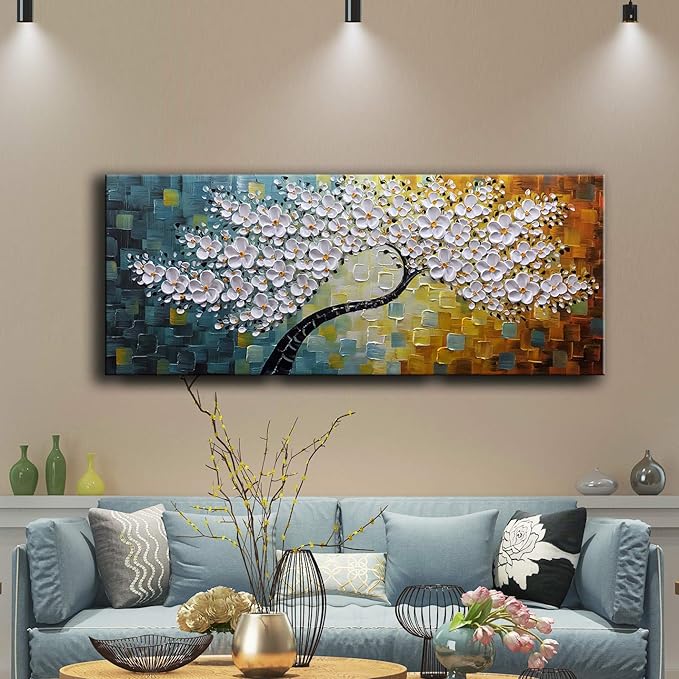 YaSheng Art - 100% Hand Painted Contemporary Art Oil Painting On Canvas Texture White 3D Flower Paintings Modern Home Bedroom Living Room Wall Decor Abstract Art Paintings 24x60inch