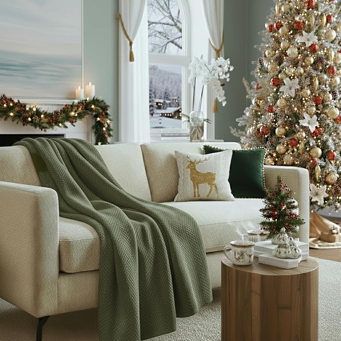 Cloud Scape Linen 100% Cotton Throw Blanket 50x70 Olive Green, Luxury All-Season Warmth, Ultra Soft, Oversized Herringbone Gauze Blanket for Winter, Bed, Couch & Sofa Decor, Best Gift Idea